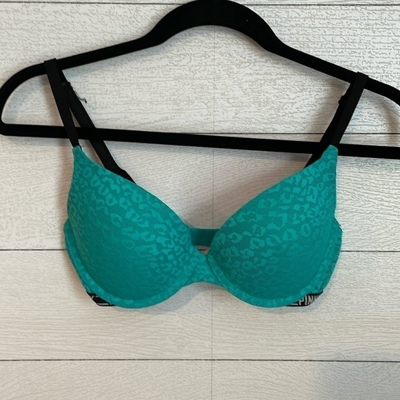 Victoria's‎ Secret PINK Teal lace with black straps push-up bra Sz 32D - Picture 1 of 15